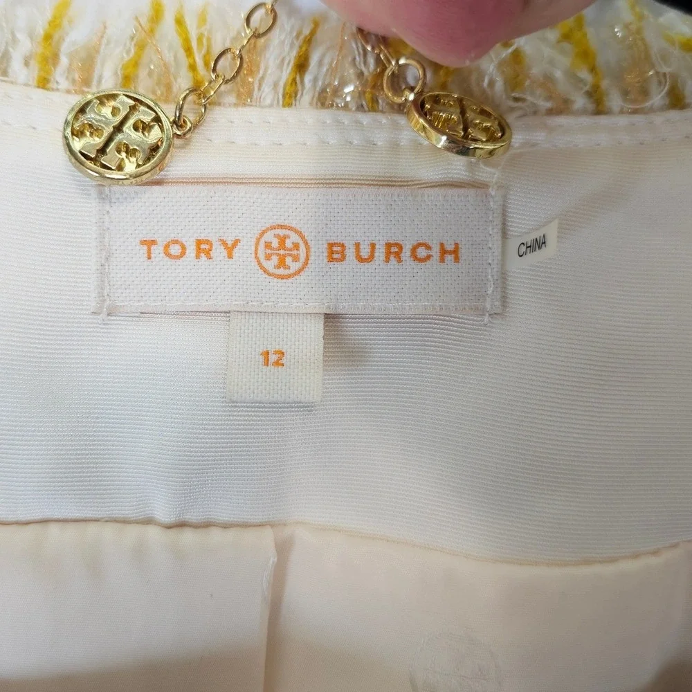 Tory Burch Emma Women Tweed Jacket  Beige Yellow Waist Length Gold Details Sz 12